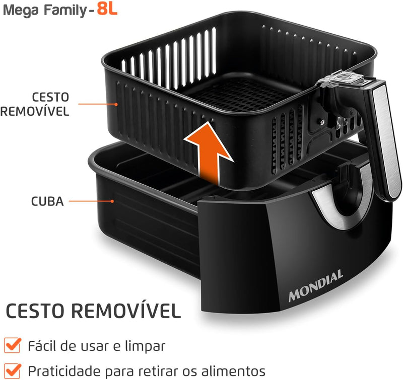 Fritadeira Sem Óleo Air Fryer 8L, Mondial Antiaderente, 1900W, - AFN-80-BI