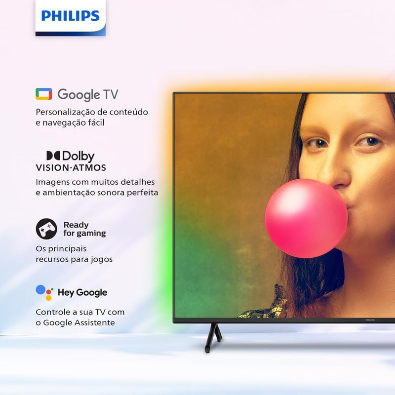 Smart TV Philips Ambilight 50" 4K 50PUG7908/78, Google TV, Comando de Voz, Dolby Vision/Atmos, VRR/ALLM, Bluetooth