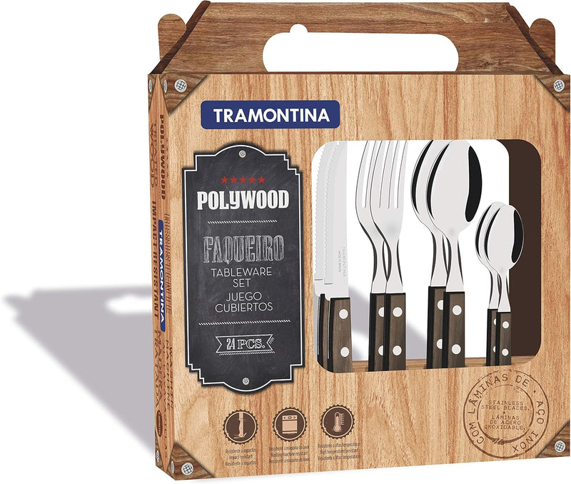 Faqueiro 24 Peças Polywood Sortidos com Laminas de Aço Inox Tramontina Polywood Castanho