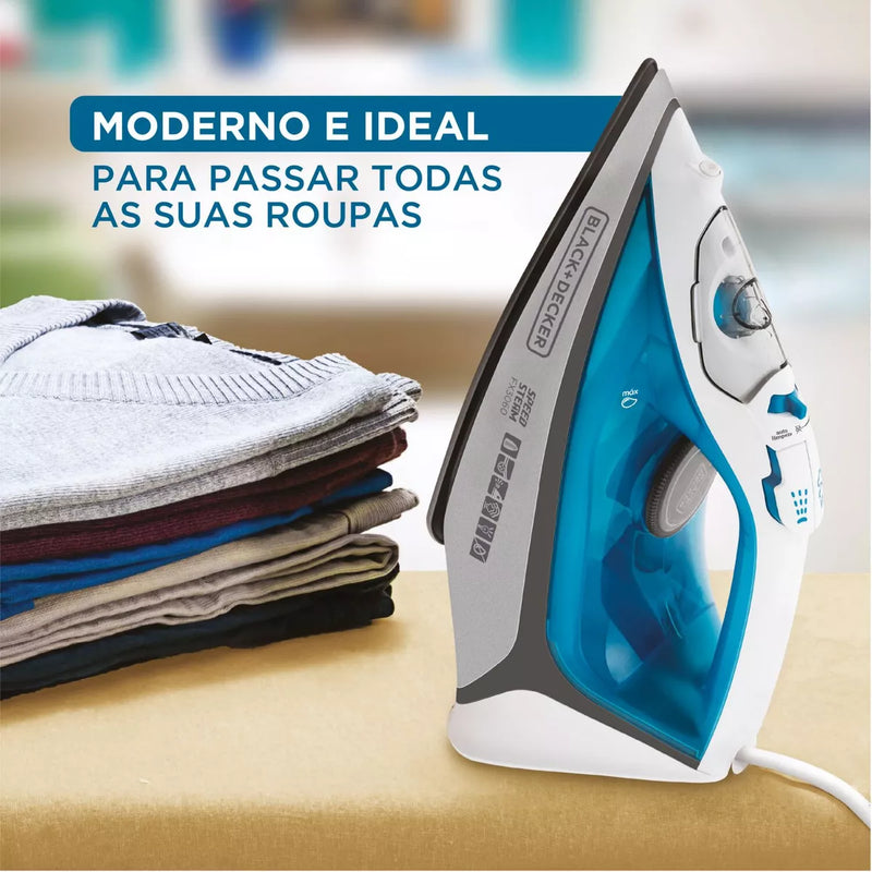 Ferro de Passar Roupa Black Decker Com Vaporizador Base Antiaderente Azul e Branco Modelo FX3060 110V