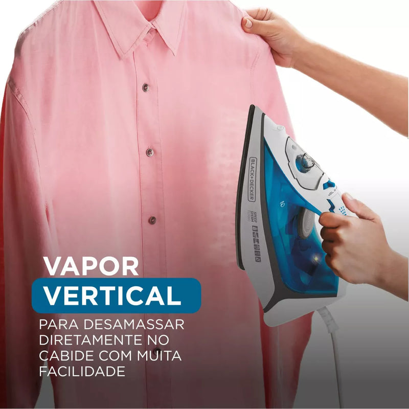 Ferro de Passar Roupa Black Decker Com Vaporizador Base Antiaderente Azul e Branco Modelo FX3060 110V