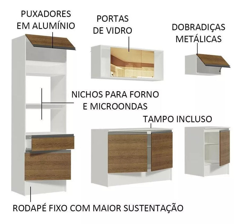 Armário De Cozinha Completa Madesa Diamante Balcão E Tampo Cor Branco/Rustic