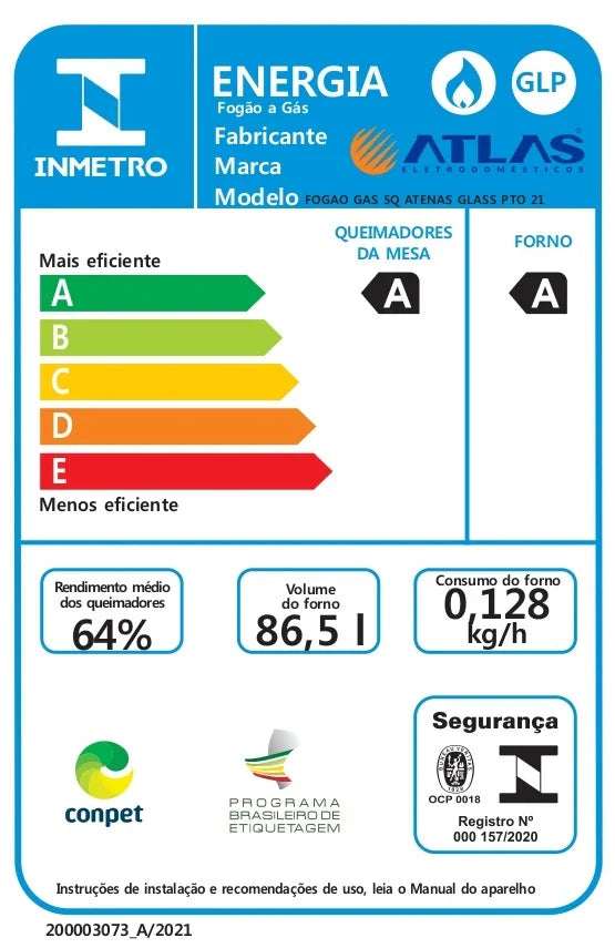 Fogão de Pé Atlas Atenas Glass  Acendimento Automático 5 Queimadores A Gás com Mesa de Vidro Preto - Bivolt